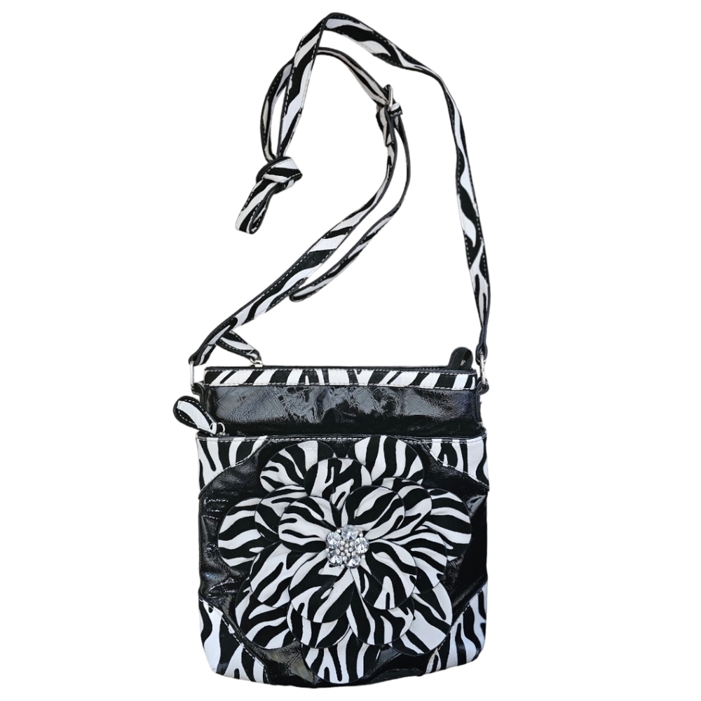 Hananel Purse Black & White exterior w/Flower and rhineston interior tiger print - Picture 3 of 7
